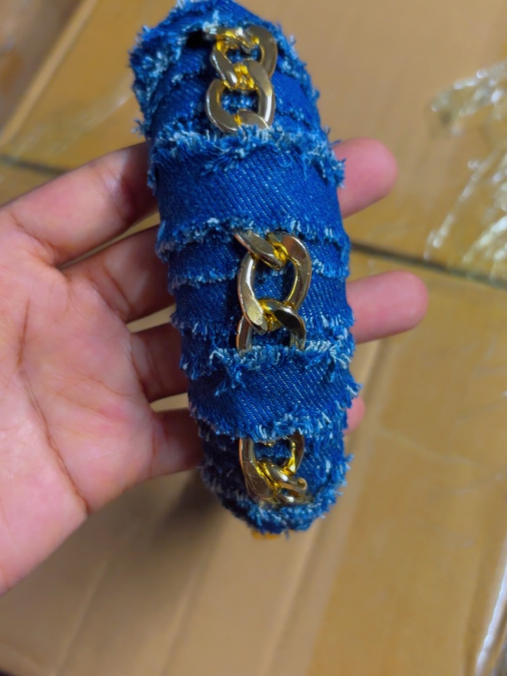 Gucci Blue Denim Padded Headband with Gold Chain